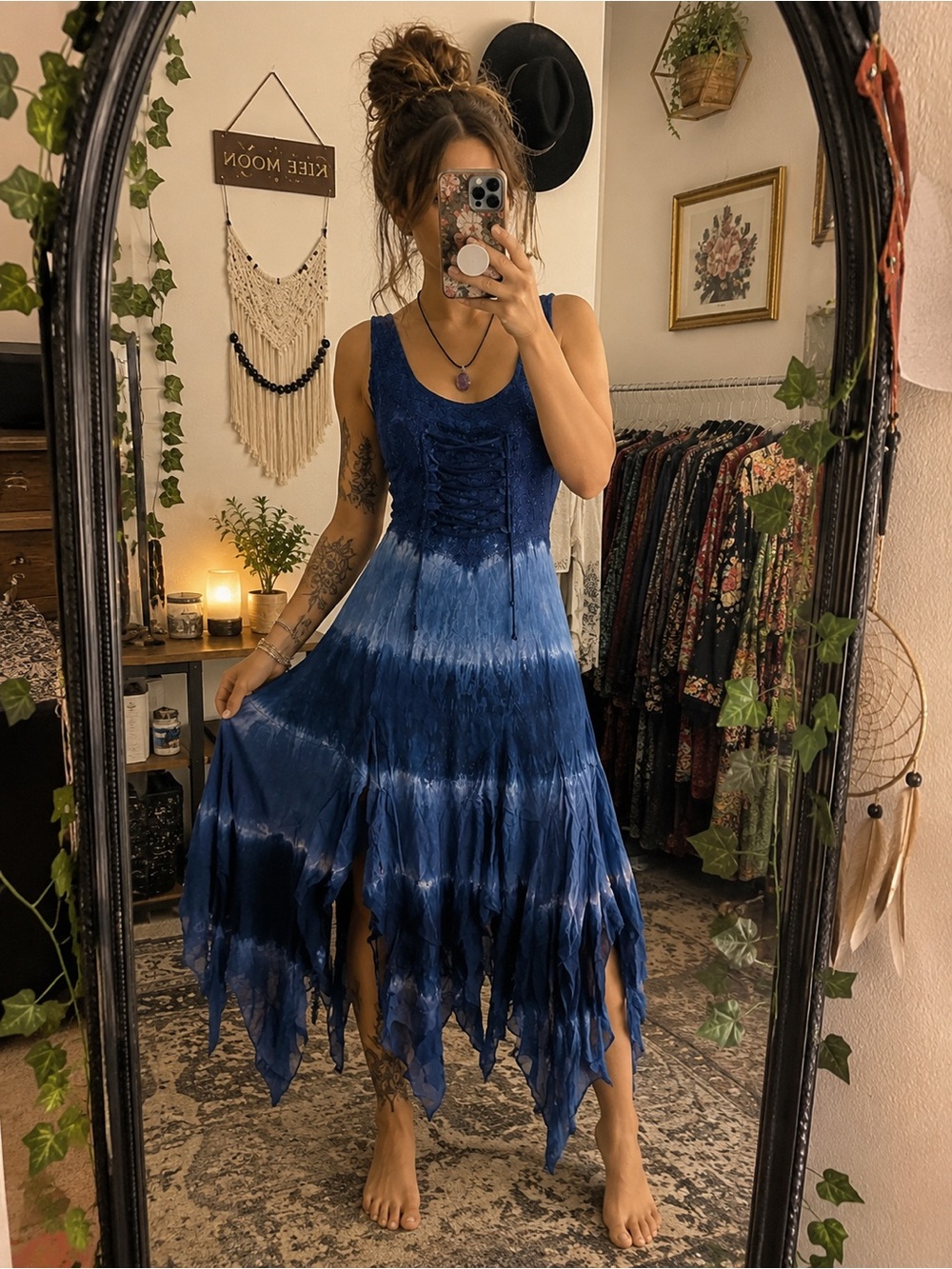 Boho Tie-Dye Blue Handkerchief Hem Maxi Dress